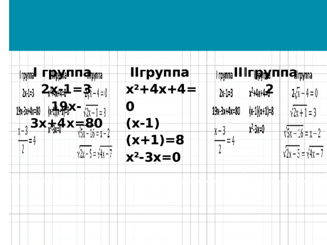 I группа 2х-1=3 IIгруппа IIгруппа х 2 +4х+4=0 х 2 +4х+4=0 IIIгруппа 19х-3х+4х=80 (х-1)(х+1)=8 2  (х-1)(х+1)=8 х 2 -3х=0 х 2 -3х=0        