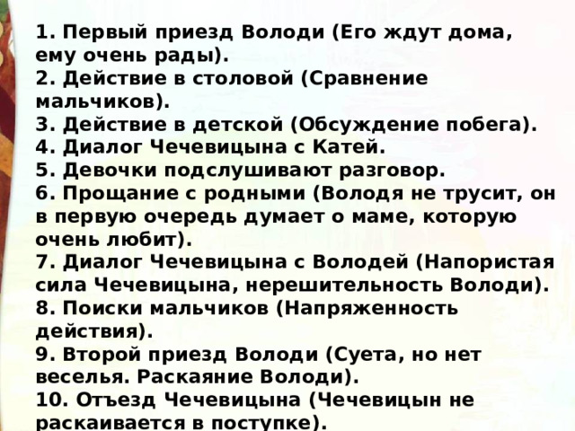 1. Первый приезд Володи (Его ждут дома, ему очень рады). 2. Действие в столовой (Сравнение мальчиков). 3. Действие в детской (Обсуждение побега). 4. Диалог Чечевицына с Катей. 5. Девочки подслушивают разговор. 6. Прощание с родными (Володя не трусит, он в первую очередь думает о маме, которую очень любит). 7. Диалог Чечевицына с Володей (Напористая сила Чечевицына, нерешительность Володи). 8. Поиски мальчиков (Напряженность действия). 9. Второй приезд Володи (Суета, но нет веселья. Раскаяние Володи). 10. Отъезд Чечевицына (Чечевицын не раскаивается в поступке). 