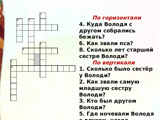  По горизонтали  4. Куда Володя с другом собрались бежать?  6. Как звали пса?  8. Сколько лет старшей сестре Володи?  По вертикали  1. Сколько было сестёр у Володи?   2. Как звали самую младшую сестру Володи?   3. Кто был другом Володи?   5. Где ночевали Володя с другом, когда сбежали?   7. Фамилия Володи.   