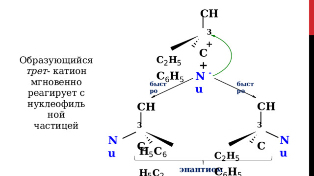 CH 3 + C C 2 H 5  C 6 H 5 Образующийся  трет - катион  мгновенно реагирует  с нуклеофильной частицей + - Nu быстро быстро CH 3 C CH 3 C Nu Nu C 2 H 5  C 6 H 5 H 5 C 6  H 5 C 2 энантиомеры 