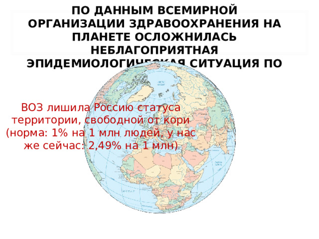 ПО ДАННЫМ ВСЕМИРНОЙ ОРГАНИЗАЦИИ ЗДРАВООХРАНЕНИЯ НА ПЛАНЕТЕ ОСЛОЖНИЛАСЬ НЕБЛАГОПРИЯТНАЯ ЭПИДЕМИОЛОГИЧЕСКАЯ СИТУАЦИЯ ПО КОРИ.    ВОЗ лишила Россию статуса территории, свободной от кори (норма: 1% на 1 млн людей, у нас же сейчас: 2,49% на 1 млн) 