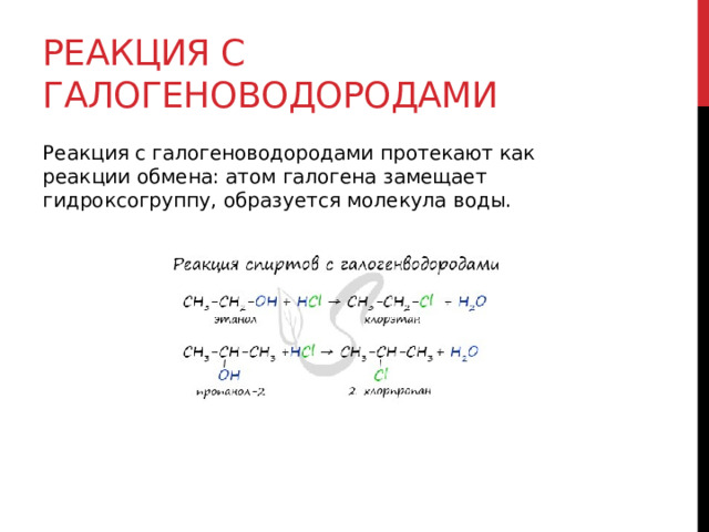 Реакция с галогеноводородами Реакция с галогеноводородами протекают как реакции обмена: атом галогена замещает гидроксогруппу, образуется молекула воды.  