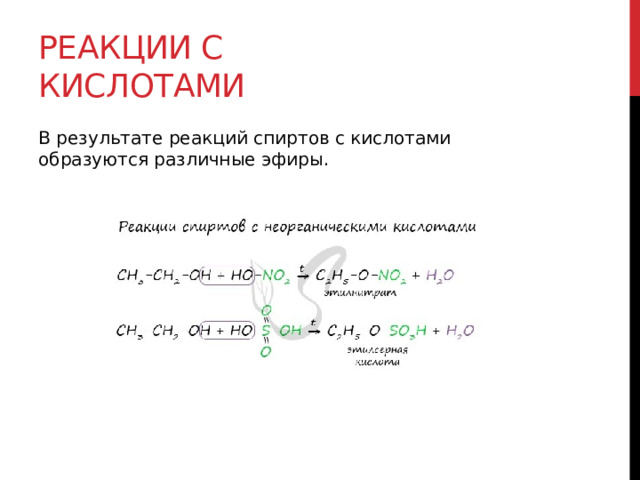 Реакции с кислотами В результате реакций спиртов с кислотами образуются различные эфиры.  