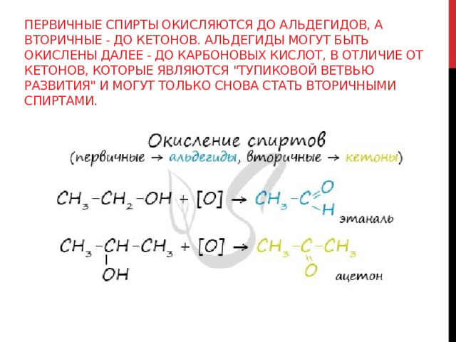 Первичные спирты окисляются до альдегидов, а вторичные - до кетонов. Альдегиды могут быть окислены далее - до карбоновых кислот, в отличие от кетонов, которые являются 