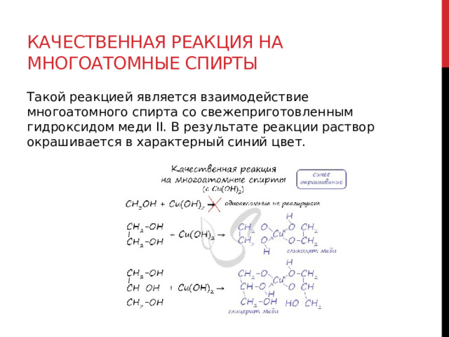 Качественная реакция на многоатомные спирты Такой реакцией является взаимодействие многоатомного спирта со свежеприготовленным гидроксидом меди II. В результате реакции раствор окрашивается в характерный синий цвет.  