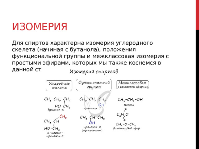 изомерия Для спиртов характерна изомерия углеродного скелета (начиная с бутанола), положения функциональной группы и межклассовая изомерия с простыми эфирами, которых мы также коснемся в данной статье. 