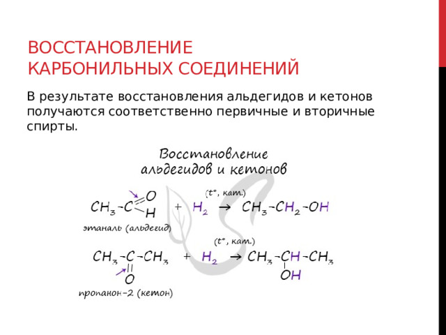 Восстановление карбонильных соединений В результате восстановления альдегидов и кетонов получаются соответственно первичные и вторичные спирты.  