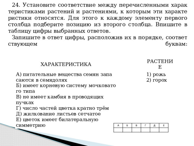 24. Установите со­от­вет­ствие между пе­ре­чис­лен­ны­ми ха­рак­те­ри­сти­ка­ми рас­те­ний и растениями, к ко­то­рым эти ха­рак­те­ри­сти­ки относятся. Для этого к каж­до­му эле­мен­ту пер­во­го столб­ца под­бе­ри­те по­зи­цию из вто­ро­го столбца. Впи­ши­те в таб­ли­цу цифры вы­бран­ных ответов. Запишите в ответ цифры, рас­по­ло­жив их в порядке, со­от­вет­ству­ю­щем буквам:    ХАРАКТЕРИСТИКА   А) пи­та­тель­ные ве­ще­ства семян за­па­са­ют­ся в семядолях   Б) имеет кор­не­вую си­сте­му моч­ко­ва­то­го типа РАСТЕНИЕ В) не имеет кам­бия в про­во­дя­щих пучках 1) рожь Г) число ча­стей цвет­ка крат­но трём 2) горох Д) жил­ко­ва­ние ли­стьев сетчатое Е) цве­ток имеет би­ла­те­раль­ную симметрию А   Б В     Г Д   Е     