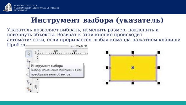 Инструмент выбора (указатель)   Указатель позволяет выбрать, изменить размер, наклонить и повернуть объекты. Возврат к этой кнопке происходит автоматически, если прерывается любая команда нажатием клавиши Пробел 