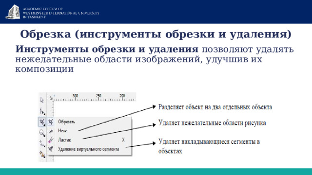 Обрезка (инструменты обрезки и удаления) Инструменты обрезки и удаления позволяют удалять нежелательные области изображений, улучшив их композиции 