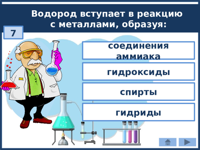 Водород вступает в реакцию с металлами, образуя: 7 соединения аммиака гидроксиды спирты гидриды 