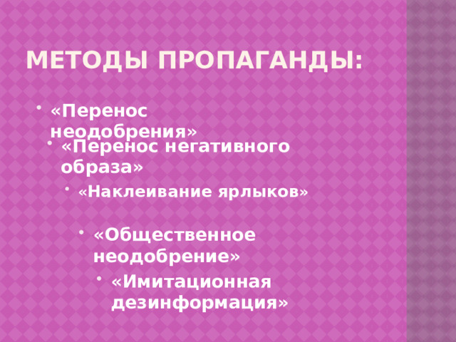 Методы пропаганды: «Перенос неодобрения» «Перенос негативного образа» « Наклеивание ярлыков » «Общественное неодобрение» «Имитационная дезинформация» 