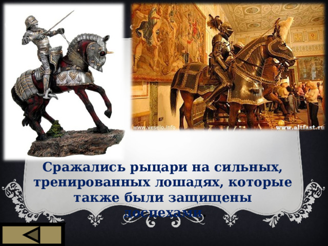 Сражались рыцари на сильных, тренированных лошадях, которые также были защищены  доспехами . 