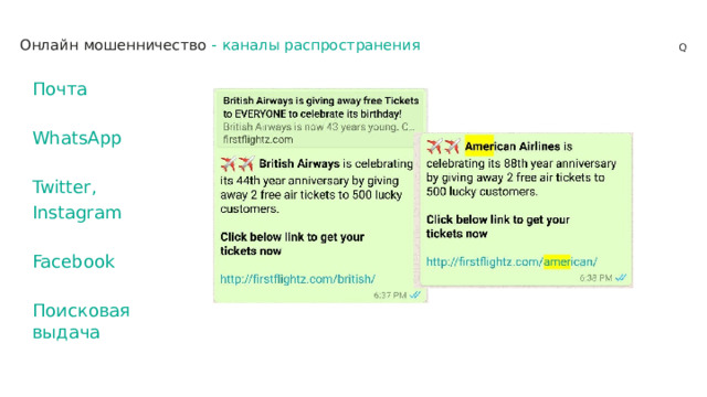 Онлайн мошенничество -  каналы распространения Почта WhatsApp Twitter, Instagram Facebook Поисковая выдача 