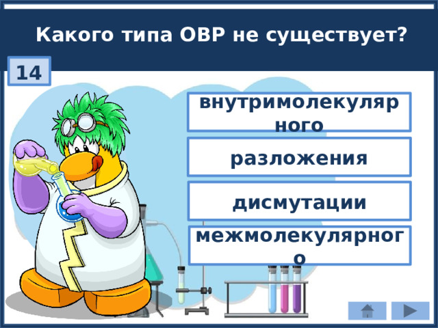 Какого типа ОВР не существует? 14 внутримолекулярного разложения дисмутации межмолекулярного 