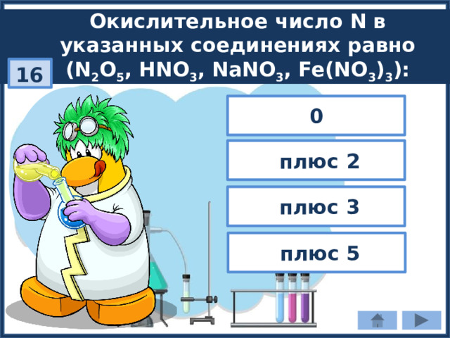 Окислительное число N в указанных соединениях равно (N 2 O 5 , HNO 3 , NaNO 3 , Fe(NO 3 ) 3 ): 16 0  плюс 2  плюс 3  плюс 5 