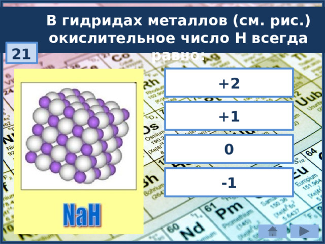 В гидридах металлов (см. рис.) окислительное число H всегда равно: 21 +2 +1 0 -1 
