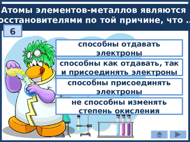 Атомы элементов-металлов являются восстановителями по той причине, что … 6 способны отдавать электроны способны как отдавать, так и присоединять электроны способны присоединять электроны не способны изменять степень окисления 