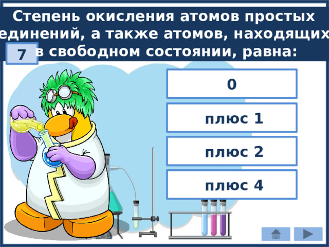 Степень окисления атомов простых соединений, а также атомов, находящихся в свободном состоянии, равна: 7 0  плюс 1  плюс 2  плюс 4 