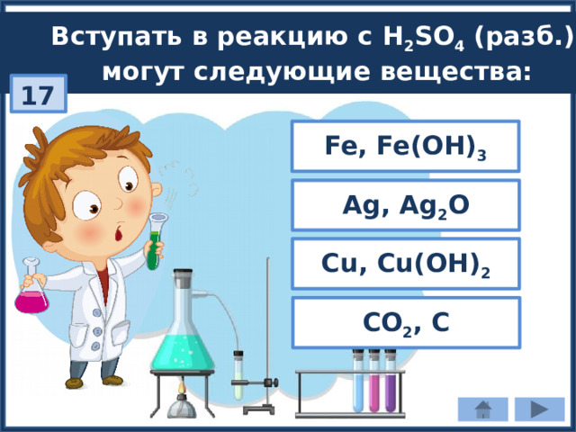 Вступать в реакцию с H 2 SO 4 (разб.) могут следующие вещества: 17 Fe, Fe(OH) 3 Ag, Ag 2 O Cu, Cu(OH) 2 CO 2 , C 