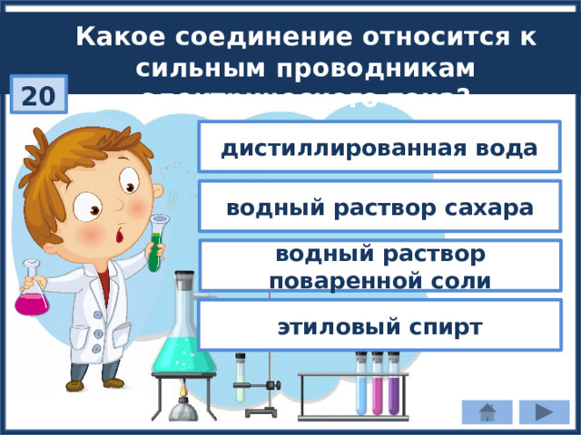 Какое соединение относится к сильным проводникам электрического тока? 20 дистиллированная вода водный раствор сахара водный раствор поваренной соли этиловый спирт 