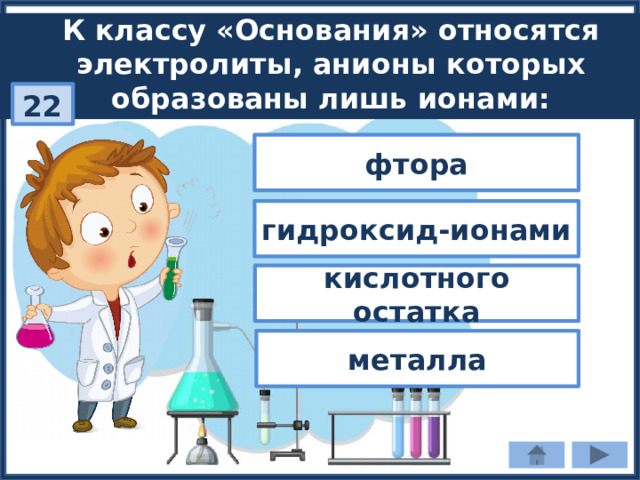 К классу «Основания» относятся электролиты, анионы которых образованы лишь ионами: 22 фтора гидроксид-ионами кислотного остатка металла 