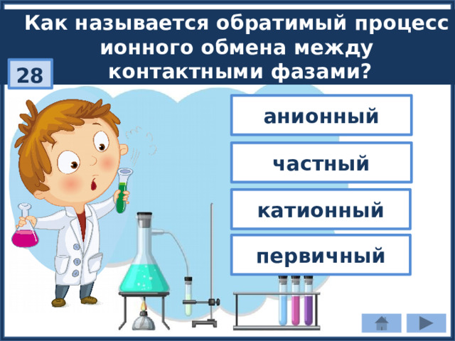 Как называется обратимый процесс ионного обмена между контактными фазами? 28 анионный частный катионный первичный 
