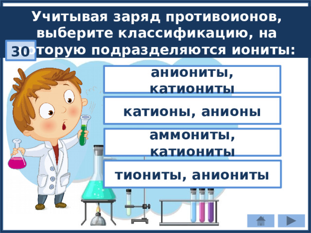 Учитывая заряд противоионов, выберите классификацию, на которую подразделяются иониты: 30 аниониты, катиониты катионы, анионы аммониты, катиониты тиониты, аниониты 
