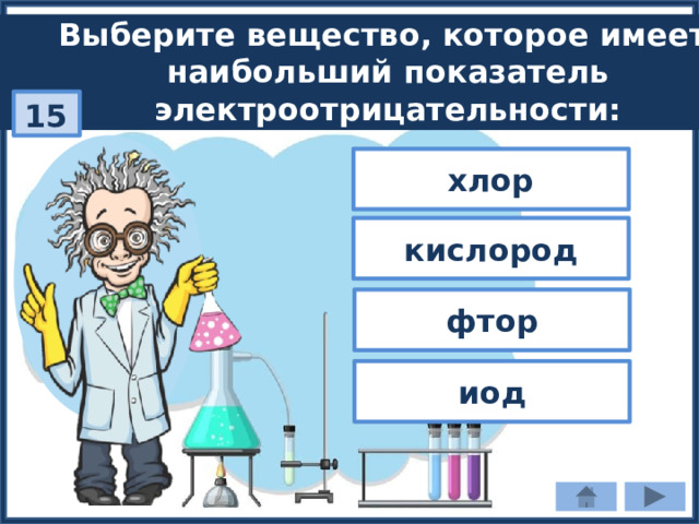 Выберите вещество, которое имеет наибольший показатель электроотрицательности: 15 хлор кислород фтор иод 