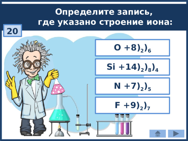 Определите запись, где указано строение иона: 20 О +8) 2 ) 6 Si +14) 2 ) 8 ) 4 N +7) 2 ) 5 F +9) 2 ) 7 