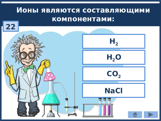 Ионы являются составляющими компонентами: 22 H 2 H 2 О СО 2 NaCl 