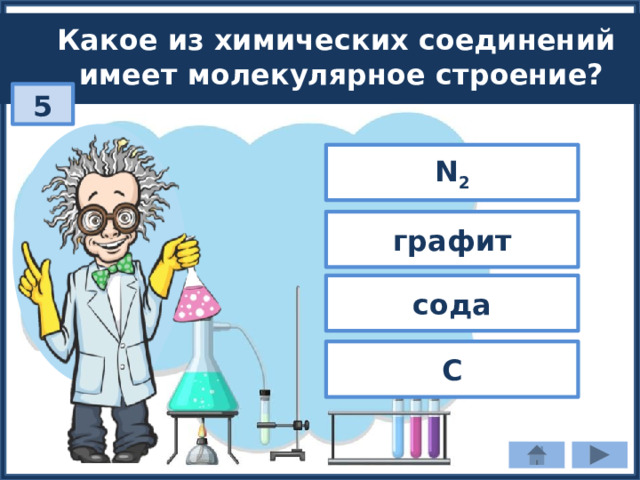 Какое из химических соединений имеет молекулярное строение? 5 N 2 графит сода С 