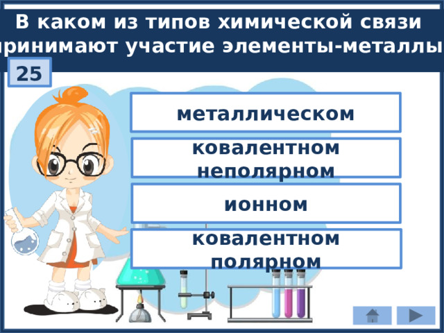 В каком из типов химической связи принимают участие элементы-металлы? 25 металлическом ковалентном неполярном ионном ковалентном полярном 
