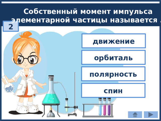 Собственный момент импульса элементарной частицы называется … 2 движение орбиталь полярность спин 