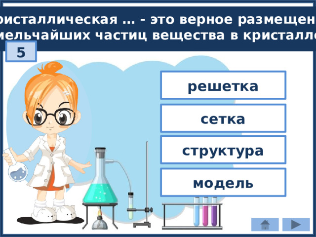 Кристаллическая … - это верное размещение мельчайших частиц вещества в кристалле. 5 решетка сетка структура модель 