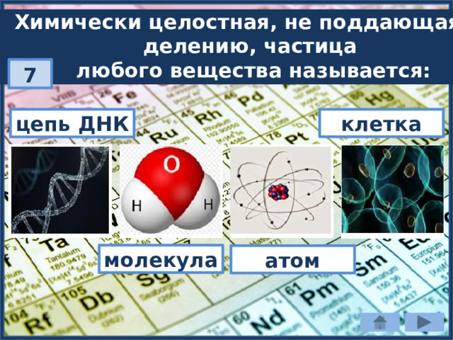 Химически целостная, не поддающаяся делению, частица любого вещества называется: 7 клетка цепь ДНК молекула атом 