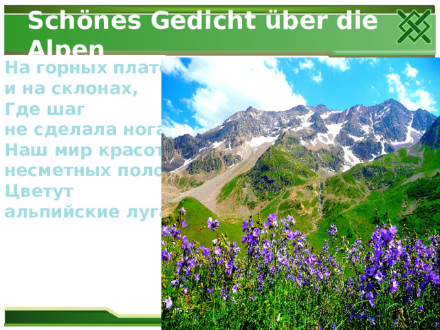 Schönes Gedicht über die Alpen На горных плато и на склонах,  Где шаг не сделала нога,  Наш мир красот несметных полон ,  Цветут альпийские луга!   