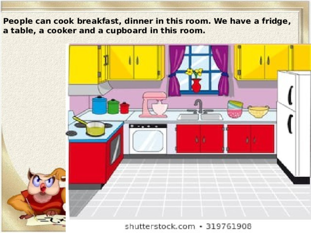 People can cook breakfast, dinner in this room. We have a fridge, a table, a cooker and a cupboard in this room. 