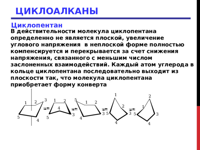 ЦИКЛОАЛКАНЫ Циклопентан  В действительности молекула циклопентана определенно не является плоской, увеличение углового напряжения в неплоской форме полностью компенсируется и перекрывается за счет снижения напряжения, связанного с меньшим числом заслоненных взаимодействий. Каждый атом углерода в кольце циклопентана последовательно выходит из плоскости так, что молекула циклопентана приобретает форму конверта 