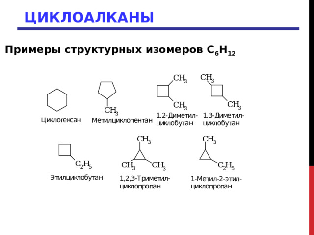 ЦИКЛОАЛКАНЫ Примеры структурных изомеров C 6 H 12 