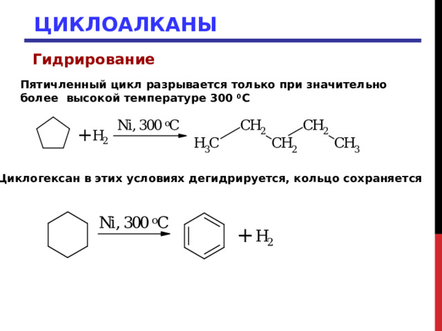 ЦИКЛОАЛКАНЫ Гидрирование  Пятичленный цикл разрывается только при значительно более высокой температуре 300 0 С Циклогексан в этих условиях дегидрируется, кольцо сохраняется  