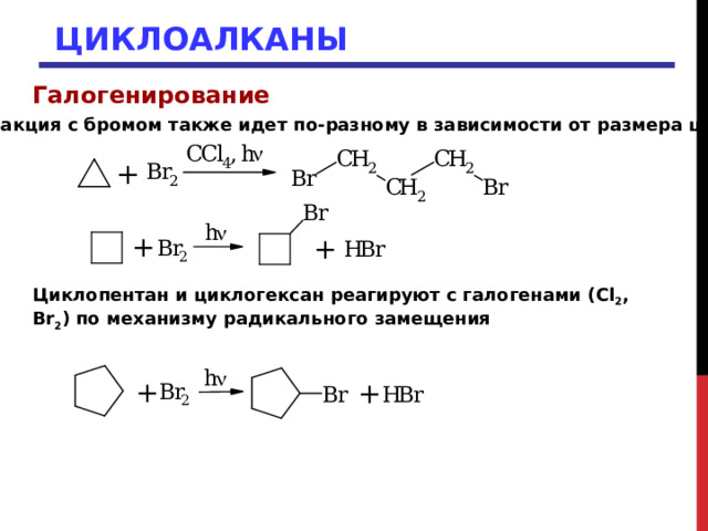 ЦИКЛОАЛКАНЫ Галогенирование  Реакция с бромом также идет по-разному в зависимости от размера цикла Циклопентан и циклогексан реагируют с галогенами ( Cl 2 , Br 2 ) по механизму радикального замещения 