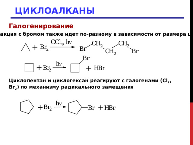 ЦИКЛОАЛКАНЫ Галогенирование  Реакция с бромом также идет по-разному в зависимости от размера цикла Циклопентан и циклогексан реагируют с галогенами ( Cl 2 , Br 2 ) по механизму радикального замещения 