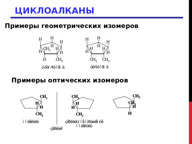 ЦИКЛОАЛКАНЫ Примеры геометрических изомеров Примеры оптических изомеров 