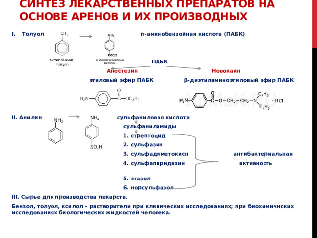 Синтез лекарственных препаратов на основе аренов и их производных Толуол n-аминобензойная кислота (ПАБК)   ПАБК  Анестезин  Новокаин  этиловый эфир ПАБК β-диэтиламиноэтиловый эфир ПАБК    II. Анилин сульфаниловая кислота  сульфаниламиды  1. стрептоцид  2. сульфазин  3. сульфадиметокисн антибактериальная  4. сульфапиридазин активность  5. этазол  6. норсульфазол III. Сырье для производства лекарств. Бензол, толуол, ксилол – растворители при клинических исследованиях; при биохимичнских исследованиях биологических жидкостей человека.  