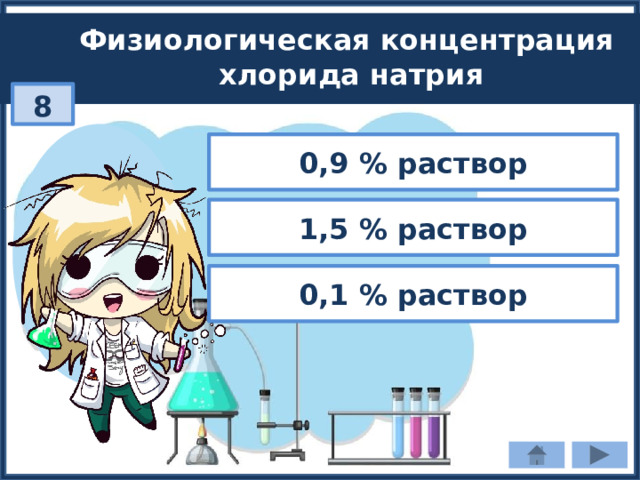 Физиологическая концентрация хлорида натрия 8 0,9 % раствор 1,5 % раствор 0,1 % раствор 