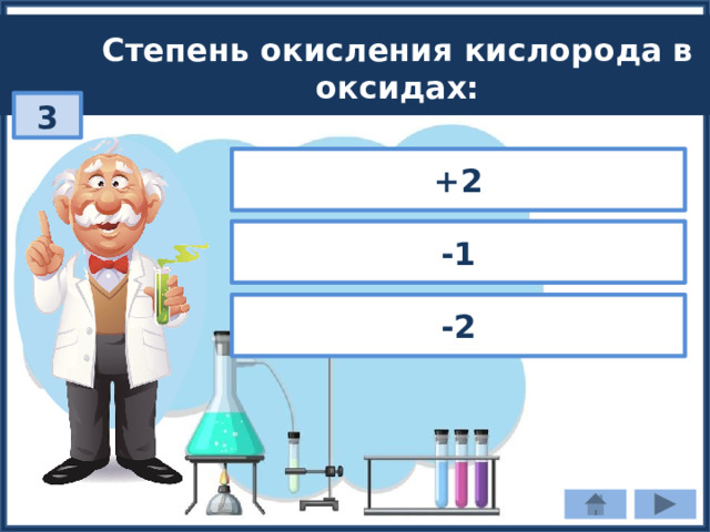 Степень окисления кислорода в оксидах: 3 +2 -1 -2 
