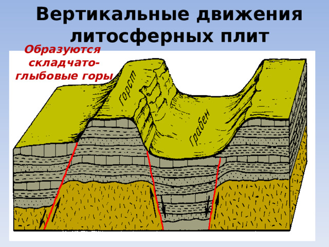 Вертикальные движения литосферных плит Образуются складчато- глыбовые горы 