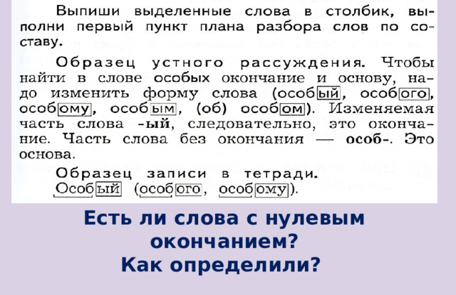 Есть ли слова с нулевым окончанием? Как определили? 