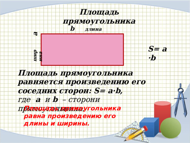 а ширина Площадь прямоугольника b длина S= a ·b Площадь прямоугольника равняется произведению его соседних сторон: S= a·b,  где a и b – сторони прямоугольника. Площадь прямоугольника равна произведению его длины и ширины. 